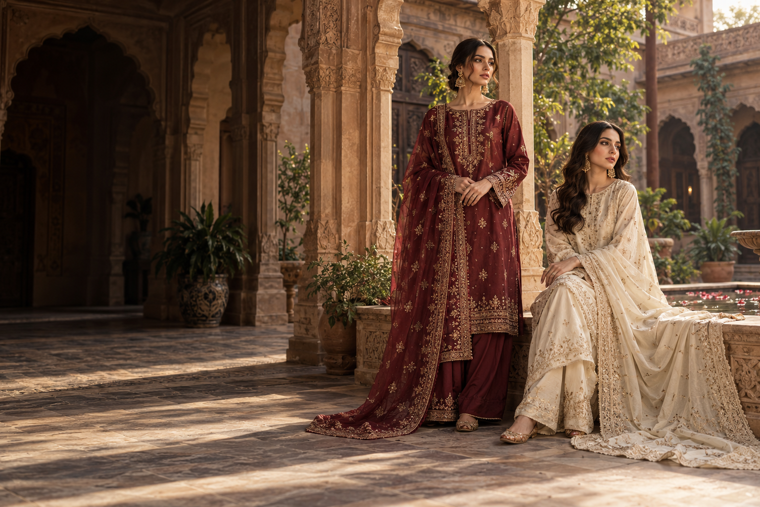 Pakistani fashion editorial with maroon and ivory embroidered ensembles